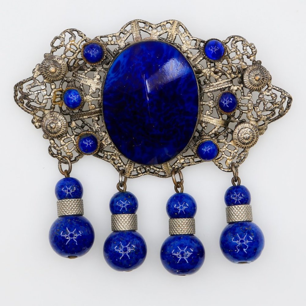 Vintage Dark Blue Sparkly‎ Art Glass Filigree Czech Brooch Beaded Dangles 1930s